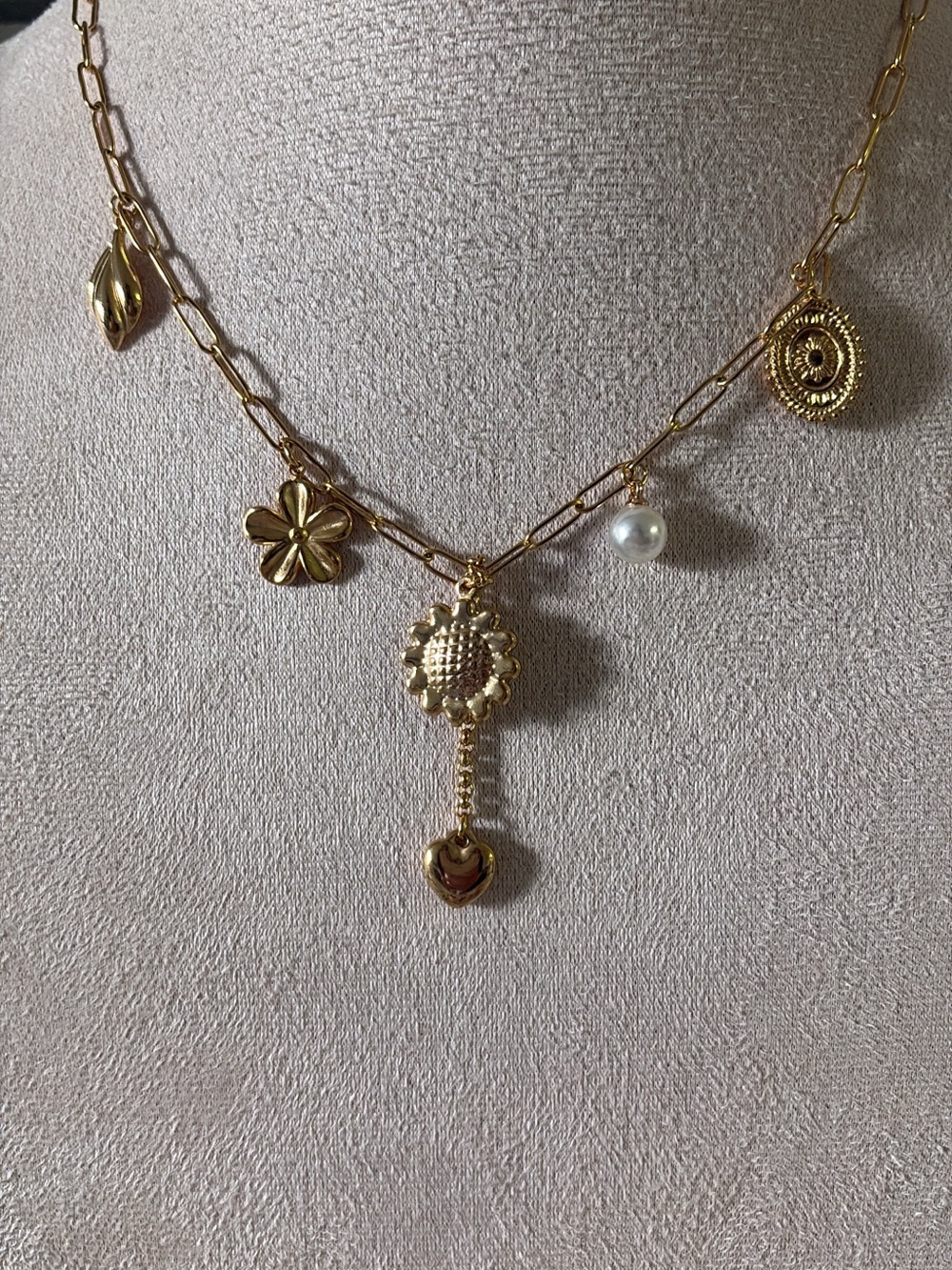 Elle Gold-Tone Floral & Heart Charm Necklace with Pearl